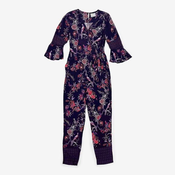 Maeve Espoir Printed Jumpsuit Size 8 Purple Floral Bird Boho Eclectic Festival - Picture 1 of 4